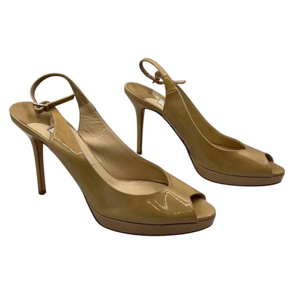 Jimmy Choo Peep Toe Sling Back Pumps Heels Nova 100 Patent Leather Nude Size 40
